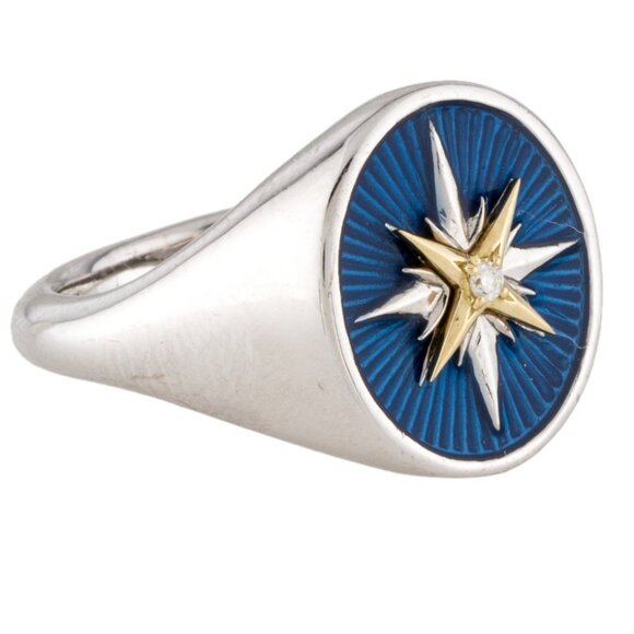 JUDITH RIPKA STERLING SILVER & 18K ENAMEL & DIAMOND NORTH STAR SIGNET RING